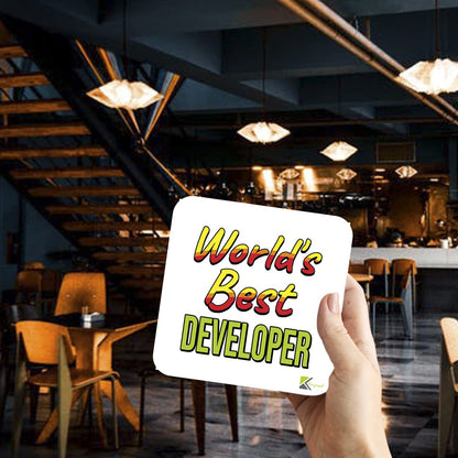 WB081 World's Best Developer MDF Wooden Coaster by Kruzroyal | Gift for Developer | Unique Novelty Present | 9cm x 9cm | Coffee Tea MDF Wooden Coaster