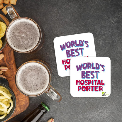 WB030 World's Best Hospital Porter MDF Wooden Coaster by Kruzroyal | Gift for Hospital Porter | Unique Novelty Present | 9cm x 9cm | Coffee Tea MDF Wooden Coaster