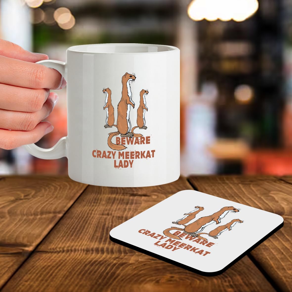 SM044 Beware Crazy Meerkat Lady - 11OZ Mug & Matching Coaster Set