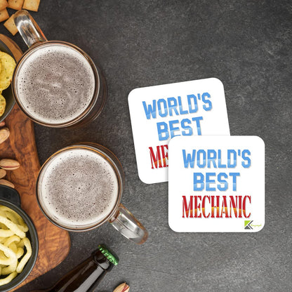 WB084 World's Best Mechanic MDF Wooden Coaster by Kruzroyal | Gift for Mechanic | Unique Novelty Present | 9cm x 9cm | Coffee Tea MDF Wooden Coaster