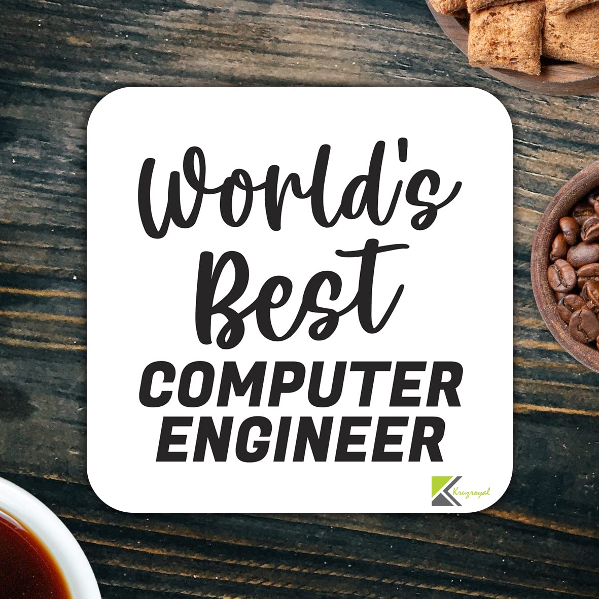 WB007 World's Best Computer Engineer MDF Wooden Coaster by Kruzroyal | Gift for Computer Engineer | Unique Novelty Present | 9cm x 9cm | Coffee Tea MDF Wooden Coaster