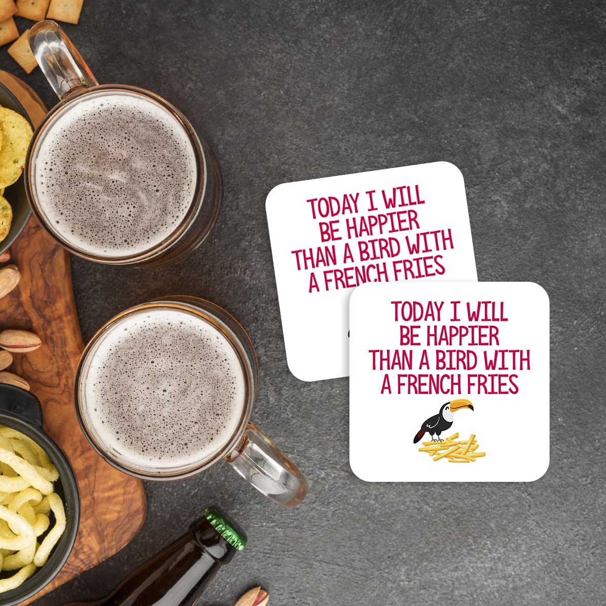 CS707 Today i Will be Happier Than a Bird with a French Fries Novelty Funny Coffee Tea Drink Gift Glossy MDF Wooden Coaster