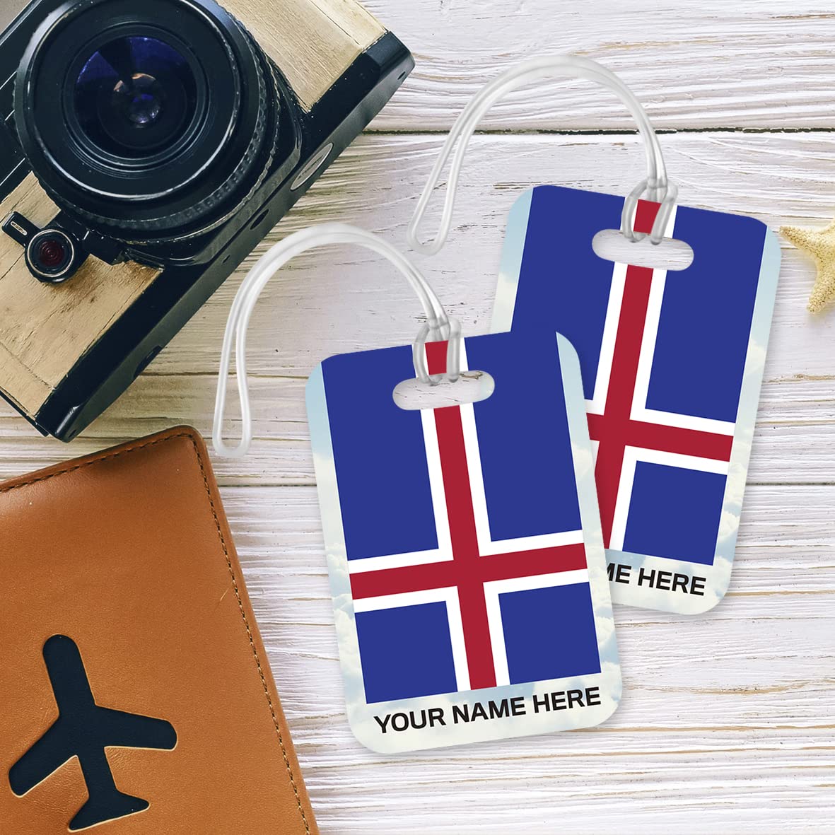 PLT270 Personalised Name with Iceland Flag Novelty Funny Unique Designer Gift Glossy Plastic Suitcase Luggage Tag
