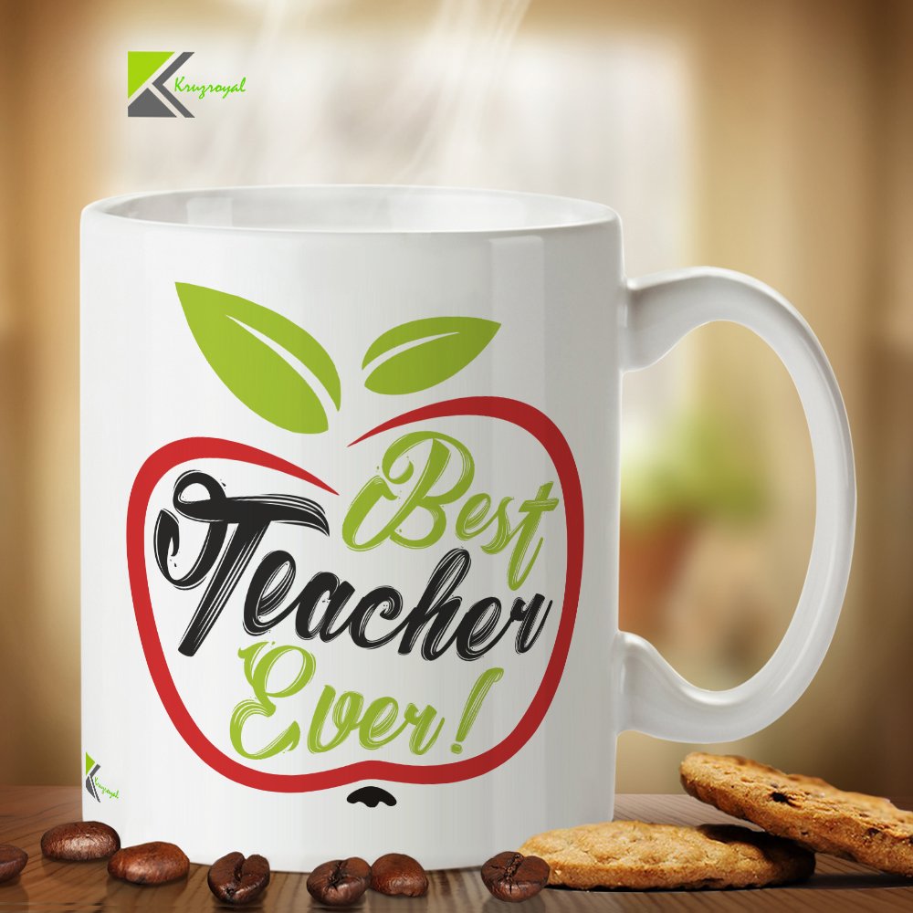 Kruzroyal Best Teacher Ever Mug, Novelty End of Term Gift for School Teacher, Tutor or Nursery, Classic Red Apple Design, White Ceramic Coffee Cup, 11 oz