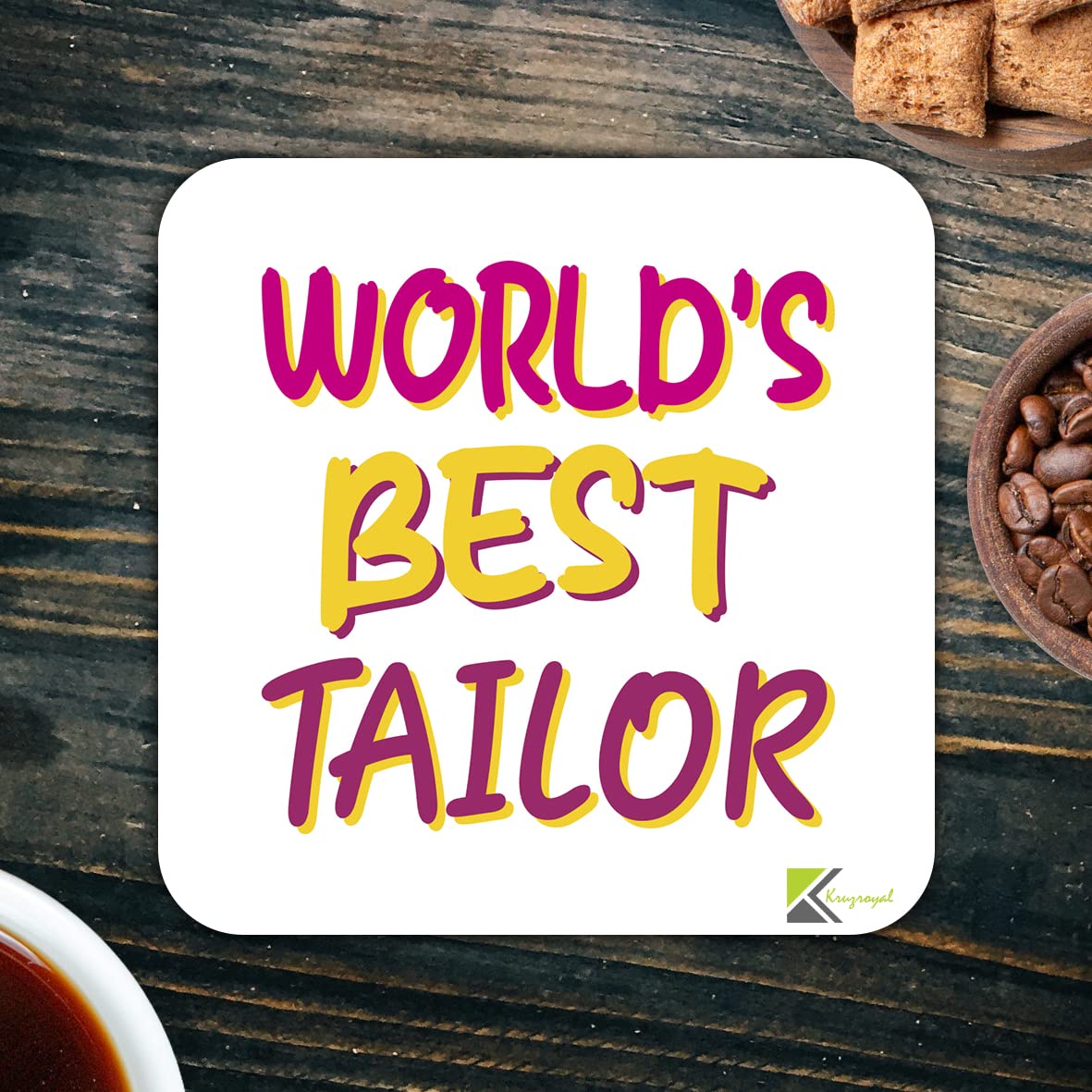 WB072 World's Best Tailor MDF Wooden Coaster by Kruzroyal | Gift for Tailor | Unique Novelty Present | 9cm x 9cm | Coffee Tea MDF Wooden Coaster