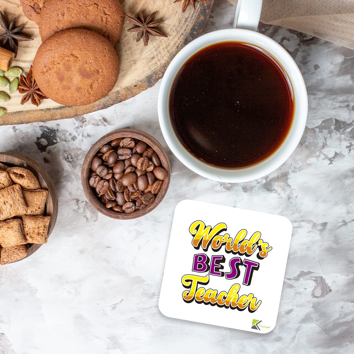 WB033 World's Best Teacher MDF Wooden Coaster by Kruzroyal | Gift for Teacher | Unique Novelty Present | 9cm x 9cm | Coffee Tea MDF Wooden Coaster