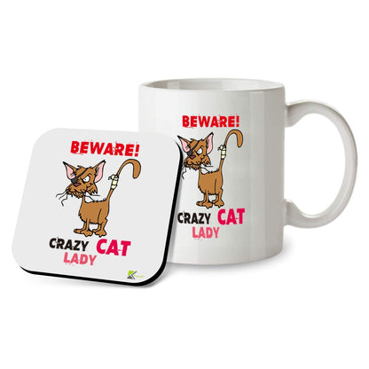 SM040 Beware Crazy Cat Lady - 11OZ Mug & Matching Coaster Set
