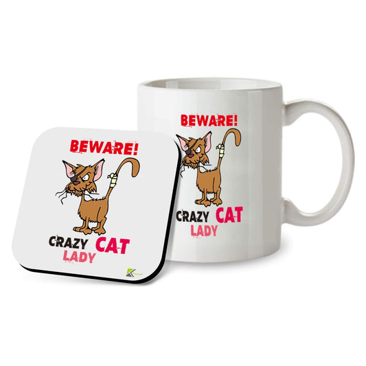 SM040 Beware Crazy Cat Lady - 11OZ Mug & Matching Coaster Set