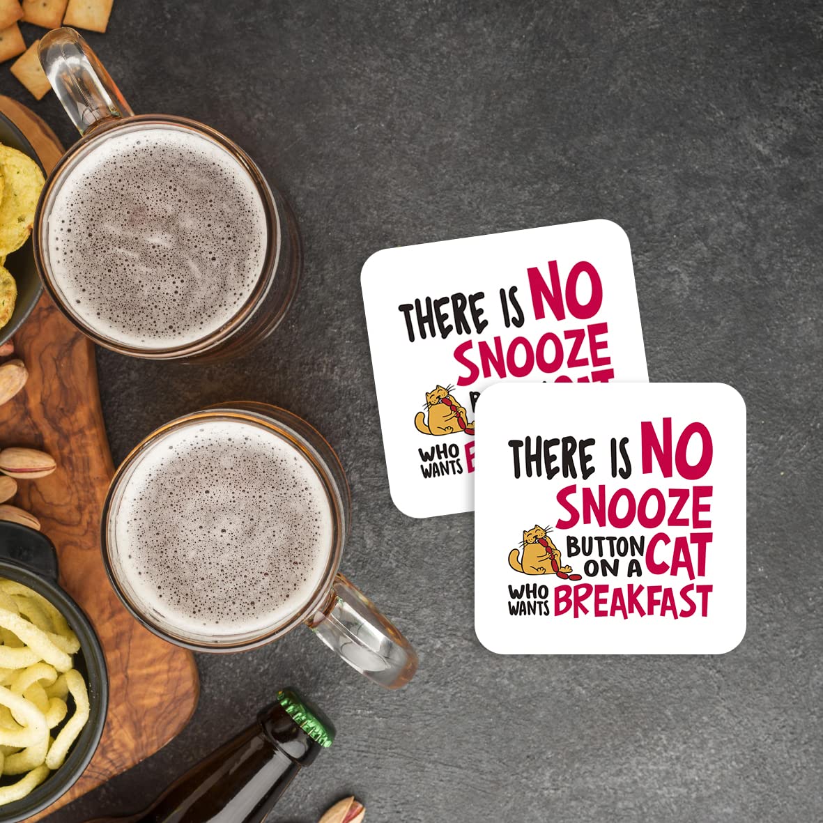 CS485 There is no snooze button on a cat who wants breakfast Novelty Funny Coffee Tea Drink Gift Glossy MDF Wooden Coaster