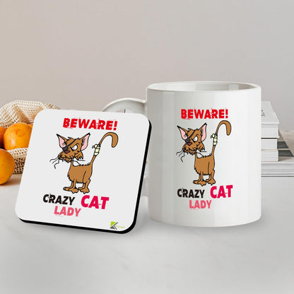SM040 Beware Crazy Cat Lady - 11OZ Mug & Matching Coaster Set