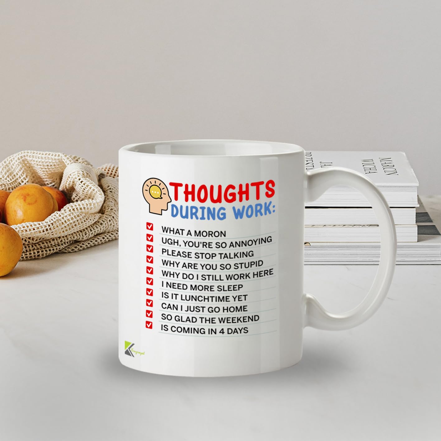 Kruzroyal Thoughts During Work Funny Mug - Sarcastic Office Humour Cup Great Gag Gift for Colleague Men Women