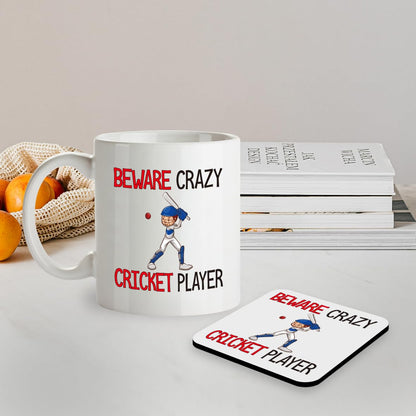 Kruzroyal SM086 Beware Crazy Cricket Player - 11OZ Mug & Matching Coaster Set for Cricket Fan