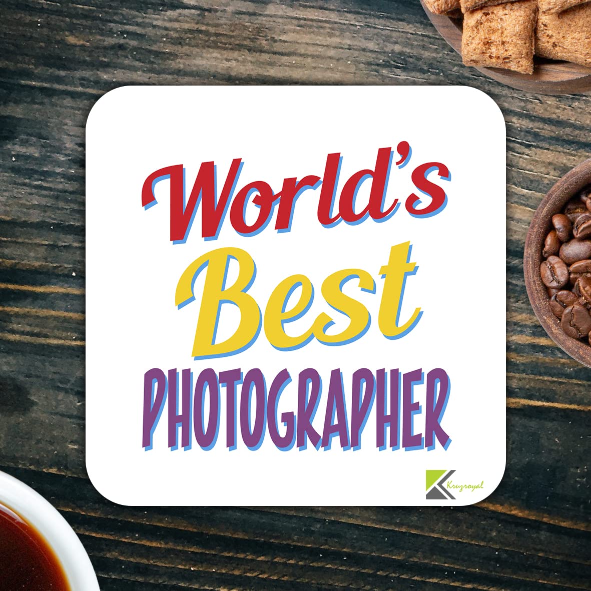 WB068 World's Best Photographer MDF Wooden Coaster by Kruzroyal | Gift for Photographer | Unique Novelty Present | 9cm x 9cm | Coffee Tea MDF Wooden Coaster