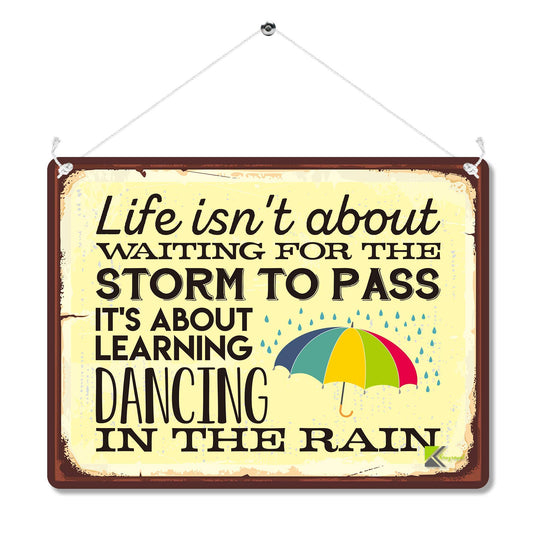Kruzroyal Inspirational Metal Wall Sign, Dancing In The Rain Motivational Plaque Gift, Humorous Retro Vintage Tin Decor for Home or Bedroom, It's about learning, 20x15cm