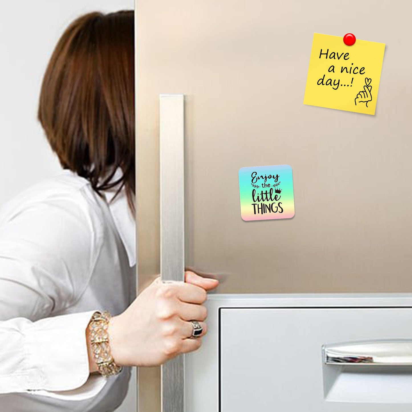 FM054 Enjoy the little things Novelty Funny Idea Glossy Metal Square Fridge Magnet