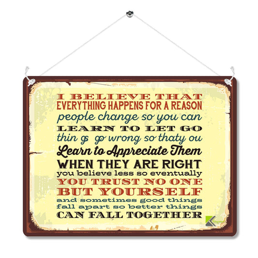 Kruzroyal Everything Happens For A Reason Metal Wall Sign, Humorous Inspirational Life Quote Plaque Gift, Retro Vintage Tin Decor for Home or Office, 20x15cm with Hanging String