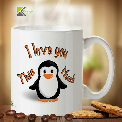 Kruzroyal Cute Penguin Mug, I Love You This Much Design, Sweet Romantic Gift for Girlfriend, Boyfriend, Wife or Husband, White Ceramic Coffee Cup, 11 oz